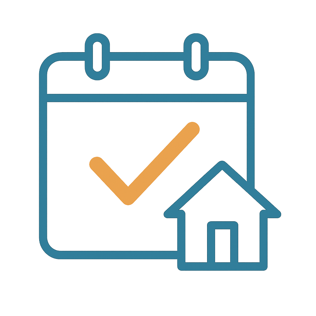 Calendar with a checkmark and a house icon, indicating home inspection scheduling with Fully licensed and insured Home Inspectors in Bergen County, NJ. Owned by Herman Andrade, a mechanical engineer that is dedicated to home inspections. in Saddle Brook, NJ.